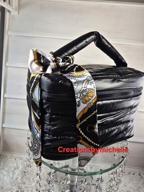 Mother's Day Black Quilted Handle Top-Handle Bag with Decorative Scarf
